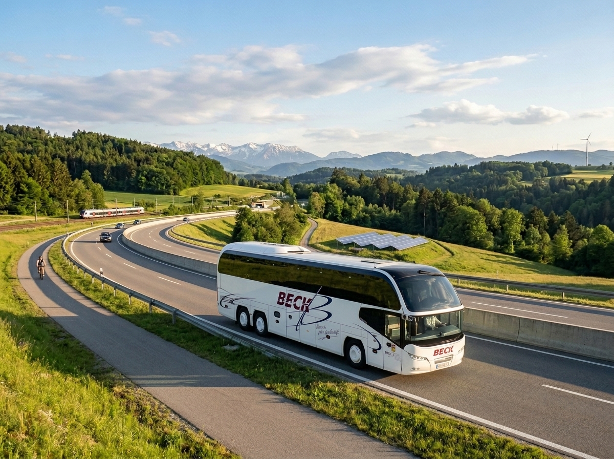 Ein Bus fährt auf einer Autobahn durch eine sehr grüne und bergige Landschaft.
